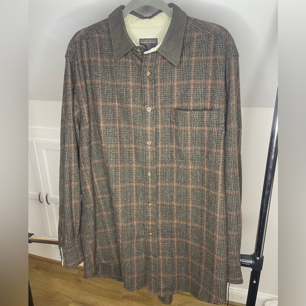 Woolrich Mens SZ XL WOOL Shirt Vintage Outdoor Elbow Patches Brown Plaid Jacket
